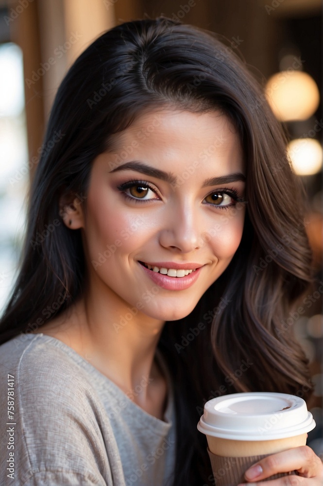 Woman holding a coffee cup, The disposable cup has a white lid Woman holding a coffee cup, The disposable cup has a white lid