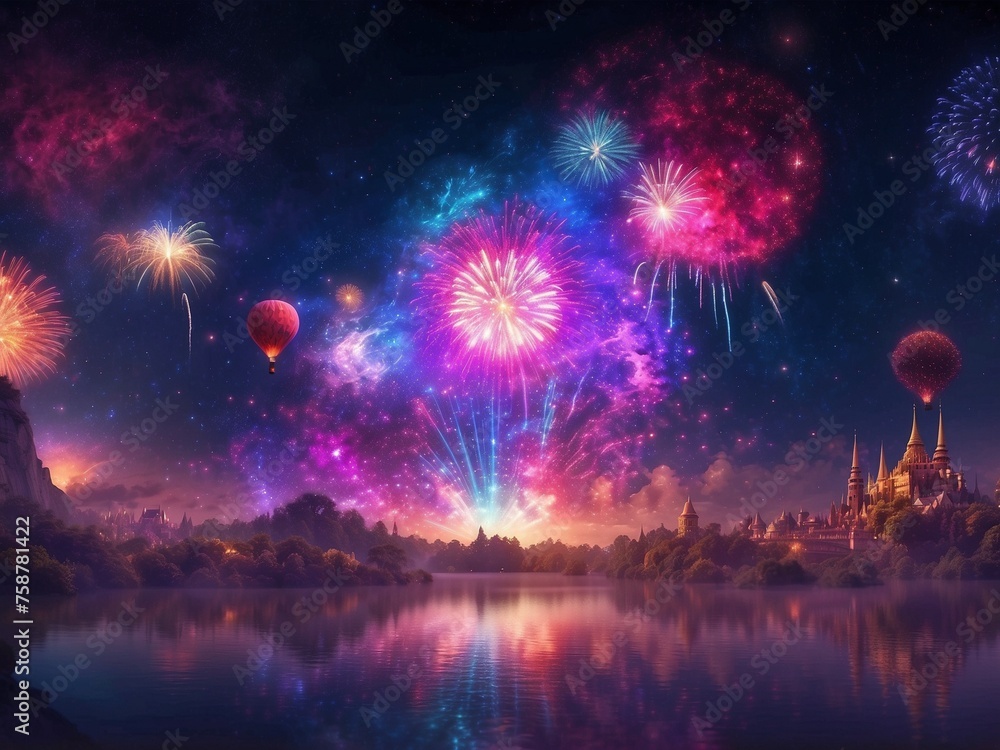 A majestic castle stands silhouetted against a colorful fireworks display over a serene lake, creating a magical and enchanting scene