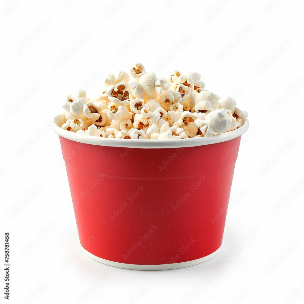 red white paper bucket full of popcorn on isolated on white сreated with Generative Ai red white paper bucket full of popcorn on isolated on white сreated with Generative Ai