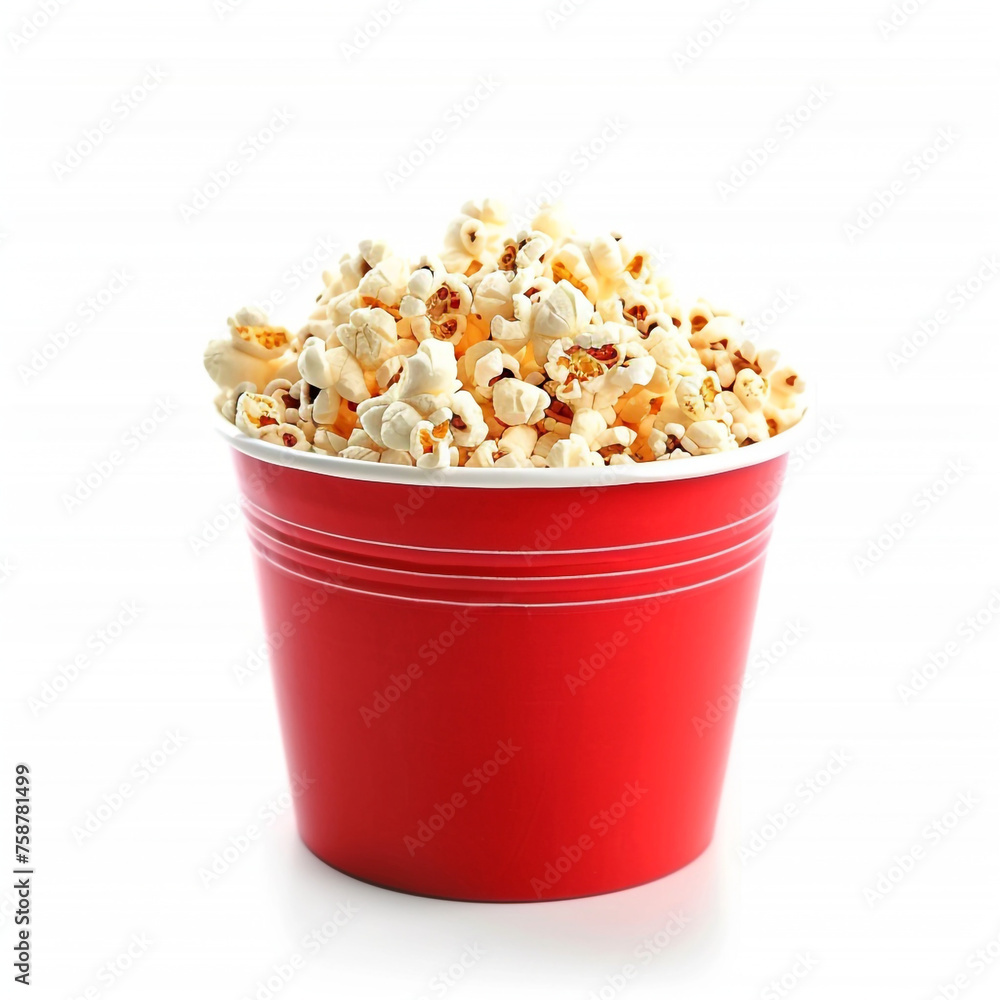 red white paper bucket full of popcorn on isolated on white сreated with Generative Ai red white paper bucket full of popcorn on isolated on white сreated with Generative Ai