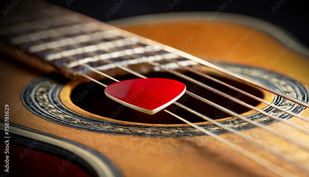 Obraz premium Extreme close-up of a red guitar pick (plectrum) above the strings of the fretboard of an old acoustic guitar. String instrument concept. Generative Ai.