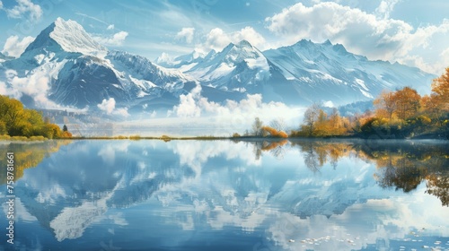 A realistic painting depicting a serene lake with towering mountains in the background. The calm waters reflect the majestic peaks under a clear sky.