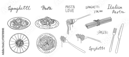 Big set of pasta, Italian cuisine, spaghetti and fork with spaghetti. Pasta time. Pasta lover. Doodle style.  Hand drawn. Great for menu design, banners, sites, packaging. Vector illustration EPS10