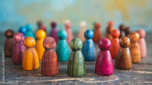 Wooden figures of different colors stand in a row on a wooden background