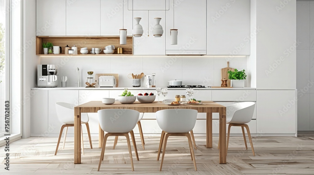 wood and white surfaces decorated kitchen with dining table. Scandinavian basic home interior. wood and white surfaces decorated kitchen with dining table. Scandinavian basic home interior.