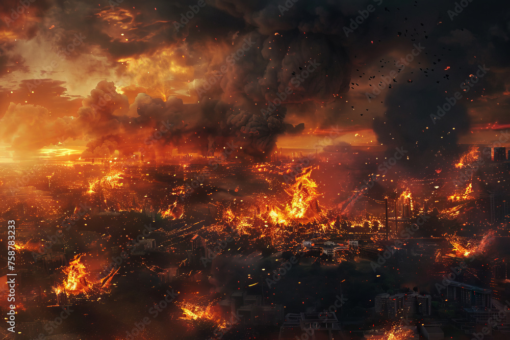 Cataclysmic Blaze Engulfing City at Dusk