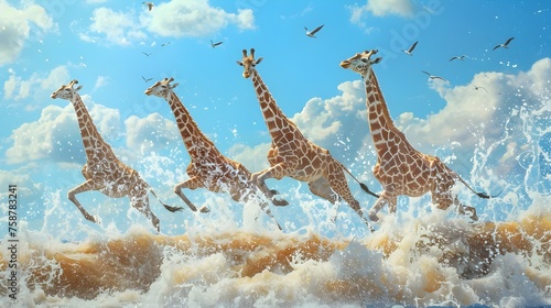 Giraffes Running and Jumping in Photorealistic Water Illustration