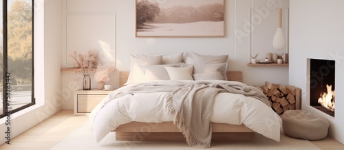 Knit blanket on large bed in cozy bedroom of contemporary home in muted tones