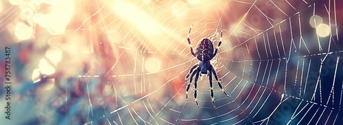 A spider is perched on its intricate web, waiting for prey to become entangled in its sticky threads. The spiders body contrasts against the glistening strands of the web that it skillfully crafted. photo