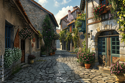 Charming cobblestone street in idyllic european village
