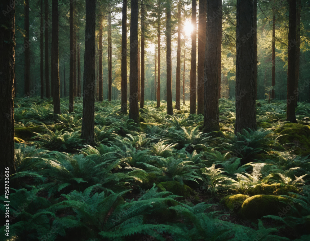 Sunrise Illuminating a Vibrant Forest Fern Understory Sunrise Illuminating a Vibrant Forest Fern Understory