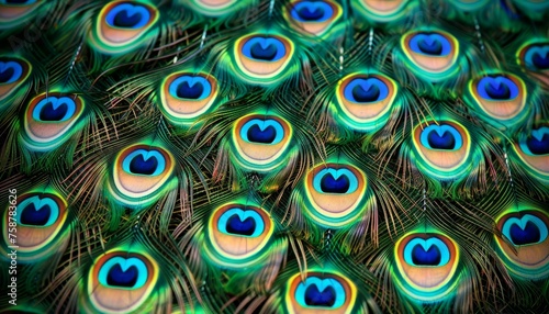 Detailed macro photography of vibrant peacock feathers creating a striking background image © Ilja