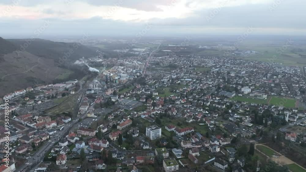 Aerial view of mountain area Thann of Haut-Rhin, in Grand Est, Alsace, France. Aerial view of mountain area Thann of Haut-Rhin, in Grand Est, Alsace, France.