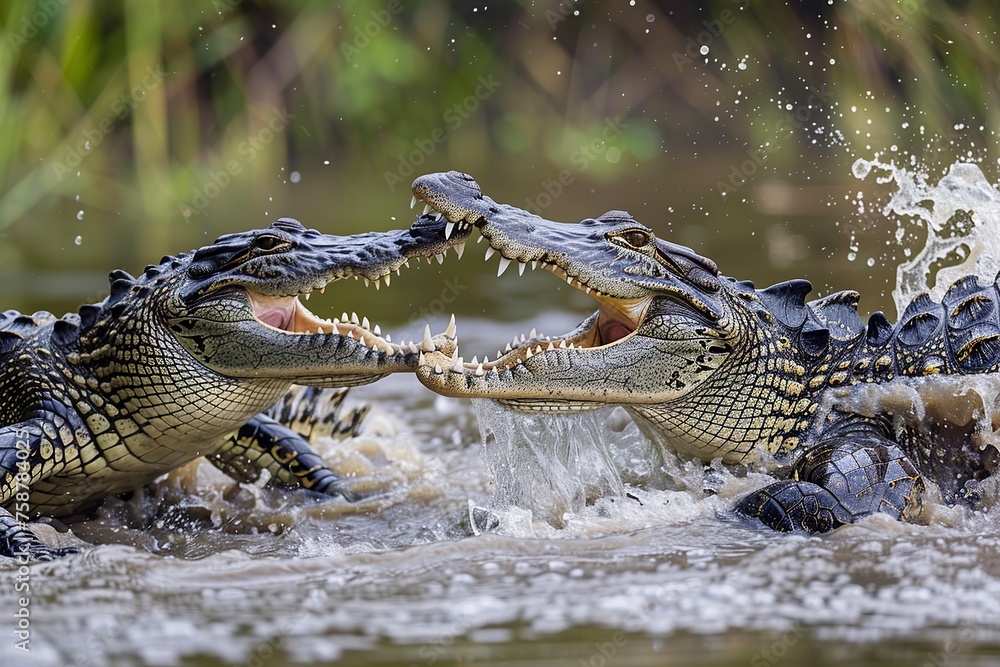 Obraz premium Two Alligators Swimming in Water