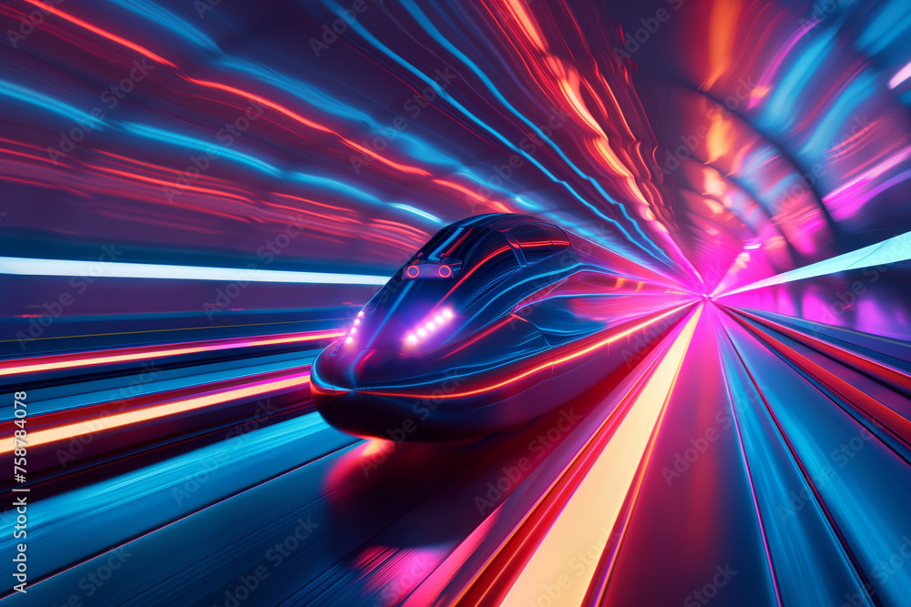 Futuristic hyperloop train speeding through neon tunnel - obrazy, fototapety, plakaty 