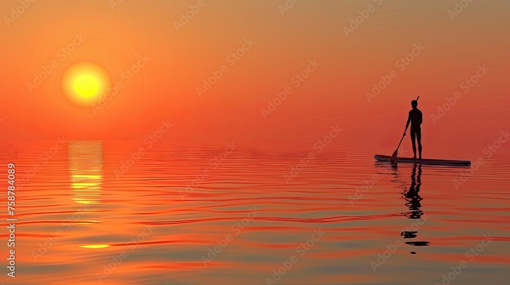 Silhouetted figure on paddleboard against a vivid orange sunset.