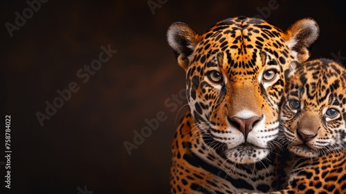 Male jaguar and cub portrait with empty space on left for text, object on right side