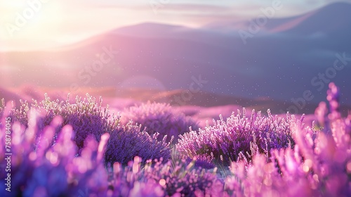 Lavender field. Floral background. Field lavender morning summer blur background wallpaper. Shallow depth of field. ,Generative ai, photo