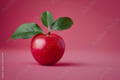 Apple With a Leaf on Pink Background