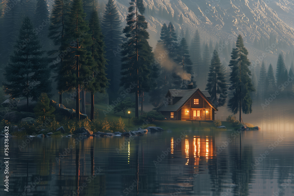 Obraz premium Enchanted lakeside cabin at twilight