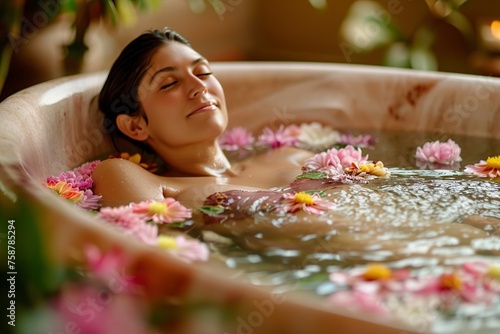 Woman Laying in Pool of Water Surrounded by Flowers