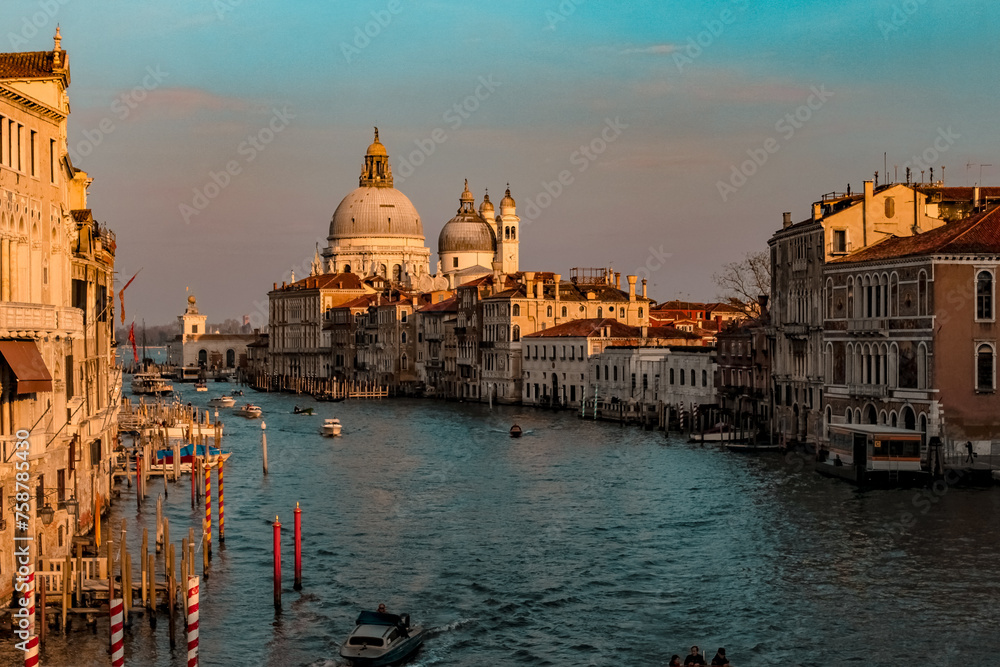 venice grand canal and church at sunset