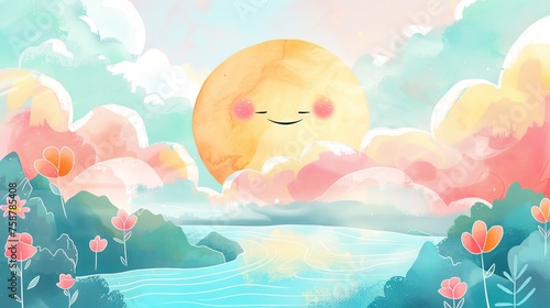 Happy Sun Rising Over Pastel Watercolor River Landscape 