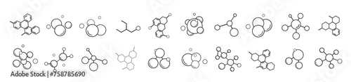 A set of twenty molecular formulas, chemical compounds on a white background. Molecular structure, molecular formula models for modern emblems and badges. Vector EPS 10.