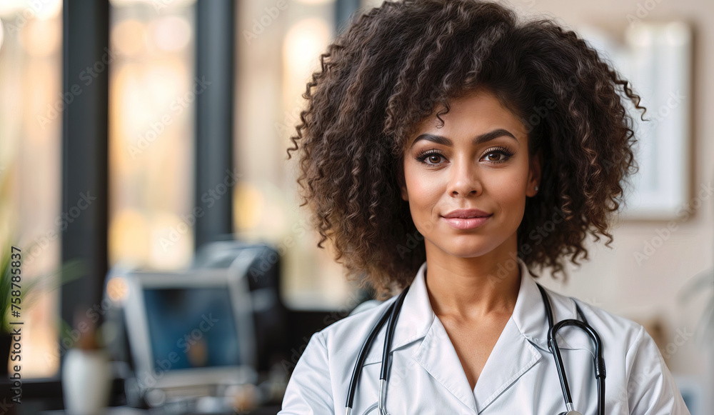 A female African-American doctor with a warm smile, sitting at her desk in a cozy medical office A female African-American doctor with a warm smile, sitting at her desk in a cozy medical office