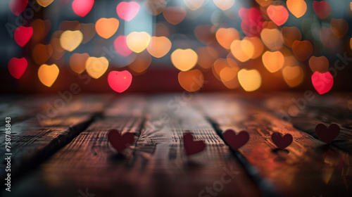 Empty wooden table with blurred background  Heart-shaped bokeh lights of star   reated with Generative Ai