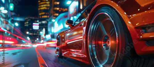 The rear end of car on the road at night city. Racing sports car on neon highway. © Penatic Studio