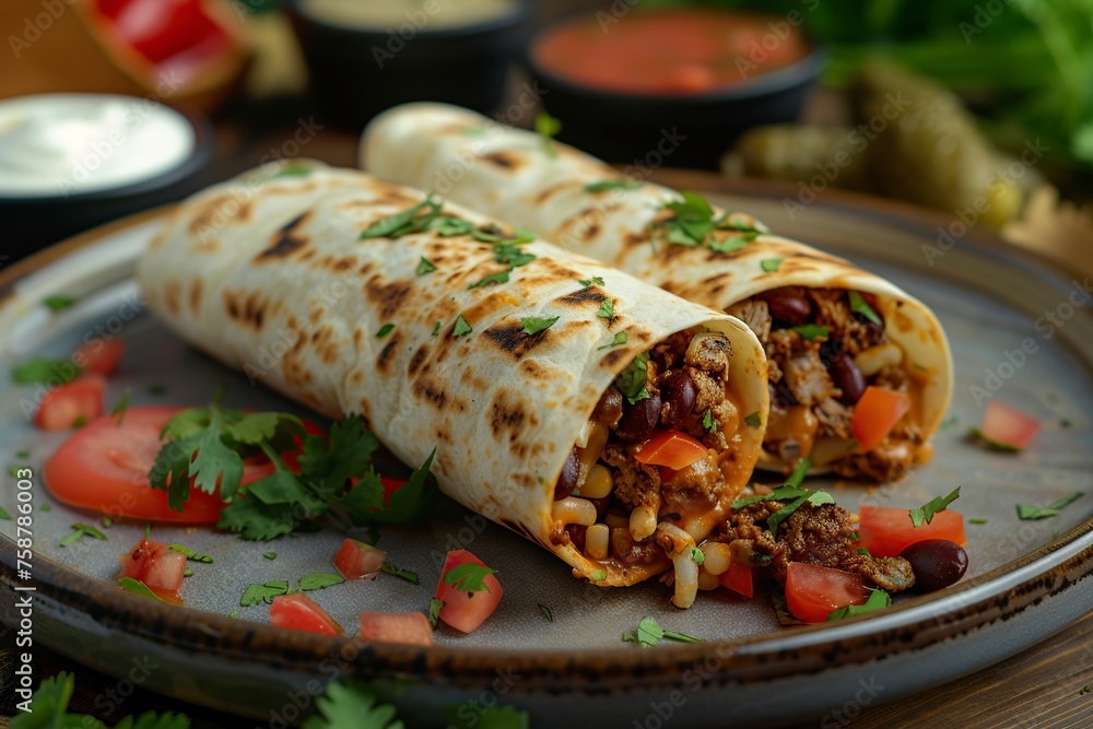 Deconstructed Burrito With Meat and Vegetables on Plate Deconstructed Burrito With Meat and Vegetables on Plate