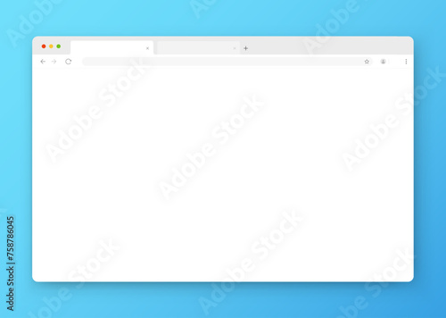 Web browser window design in white on a blue background. An empty website layout with a search bar and buttons. Vector illustration.