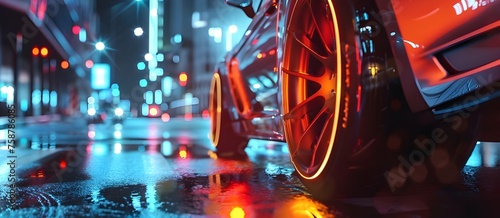 Thrill of speed, a sports car wheel drifts against the backdrop of city lights at night.