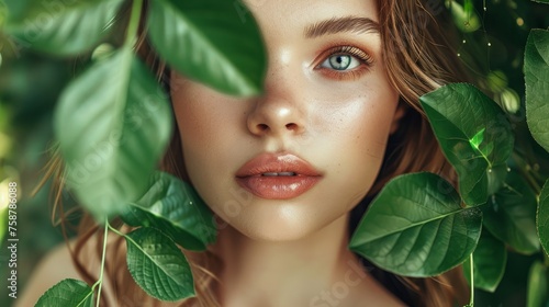Beautiful women natural look green leaves evening make-up model cropped view 