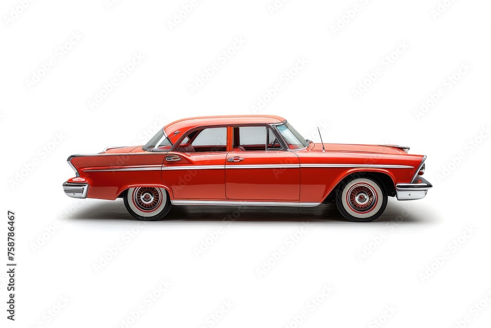 Vintage red car isolated on white background with soft shadow