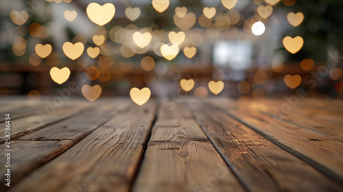 Empty wooden table with blurred background, Heart-shaped bokeh lights of star сreated with Generative Ai