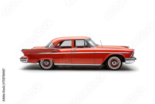 Vintage red car isolated on white background with soft shadow
