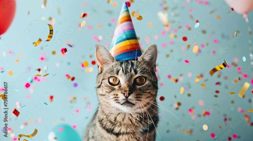 A photograph of a cat, wearing a colorful birthday hat A photograph of a cat, wearing a colorful birthday hat