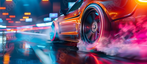 Racing sports car on neon highway. Powerful acceleration of a supercar on a night track with colorful lights and tracks. Blur at high speed. photo