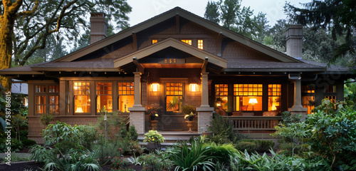 Bathed in the soft light of dawn, a craftsman style house exudes warmth and hospitality, with its glowing windows, cozy front porch