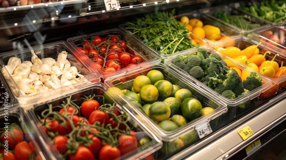 A variety of fresh vegetables, herbs and fruits are arranged in the supermarket's vegetable freezer