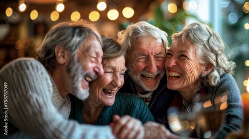 A group of elderly individuals gather together, holding up a mobile phone to take a self-portrait photograph of themselves. photo