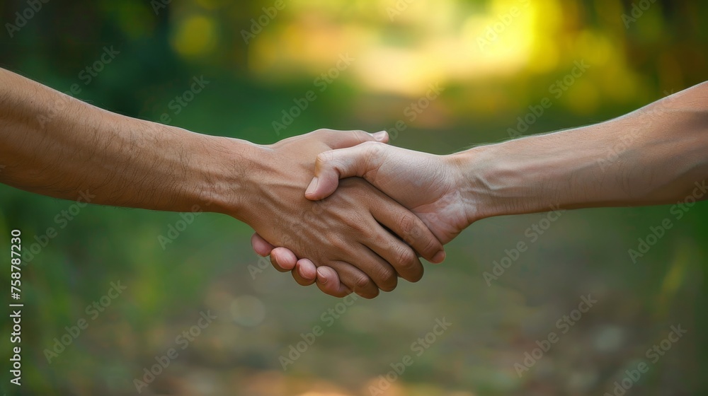 Two hands shaking in a forest. Concept of trust and friendship between the two people Two hands shaking in a forest. Concept of trust and friendship between the two people