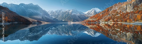 A stunning view of a mountain range mirrored in the calm waters of a lake, creating a breathtaking symmetrical reflection. The rugged peaks and valleys of the mountains contrast beautifully with the s