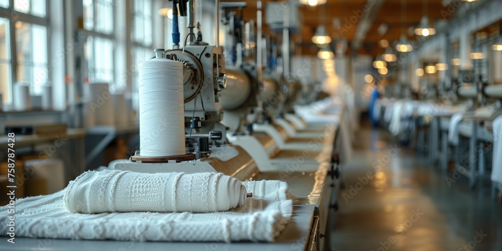 In a textile mill, equipment processes cotton, spinning it into thread to make fabric.