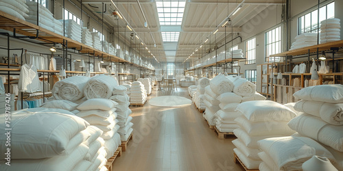 In a warehouse, shelves line the aisles that store materials for the distribution and sale of home textiles. photo