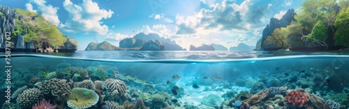 The image showcases a colorful coral reef thriving in the depths of the ocean  with various types of coral and marine life visible. The vibrant reef provides a habitat for fish  crustaceans  and other