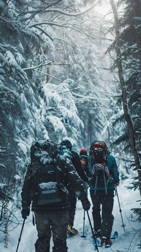 A group of cross country skiers are seen trekking through a dense forest, surrounded by tall trees and snow-covered grounds. The skiers are wearing gear appropriate for the winter weather and are movi photo
