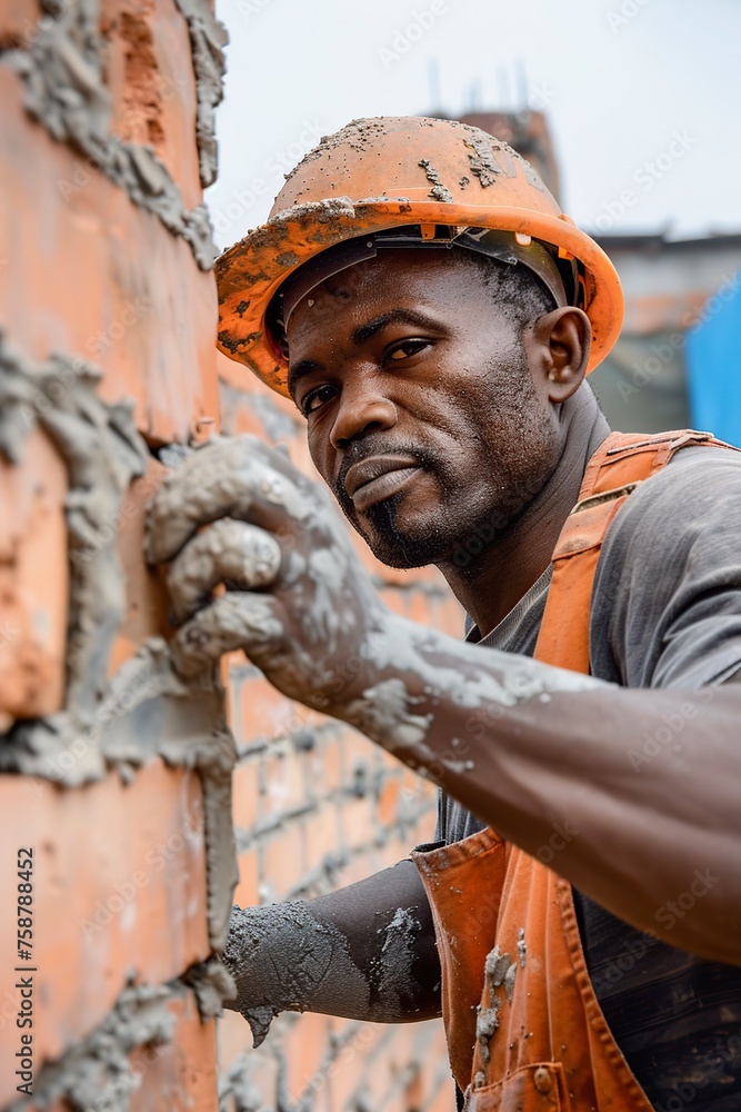 Young Male Bricklayer Working on Brick Wall Young Male Bricklayer Working on Brick Wall